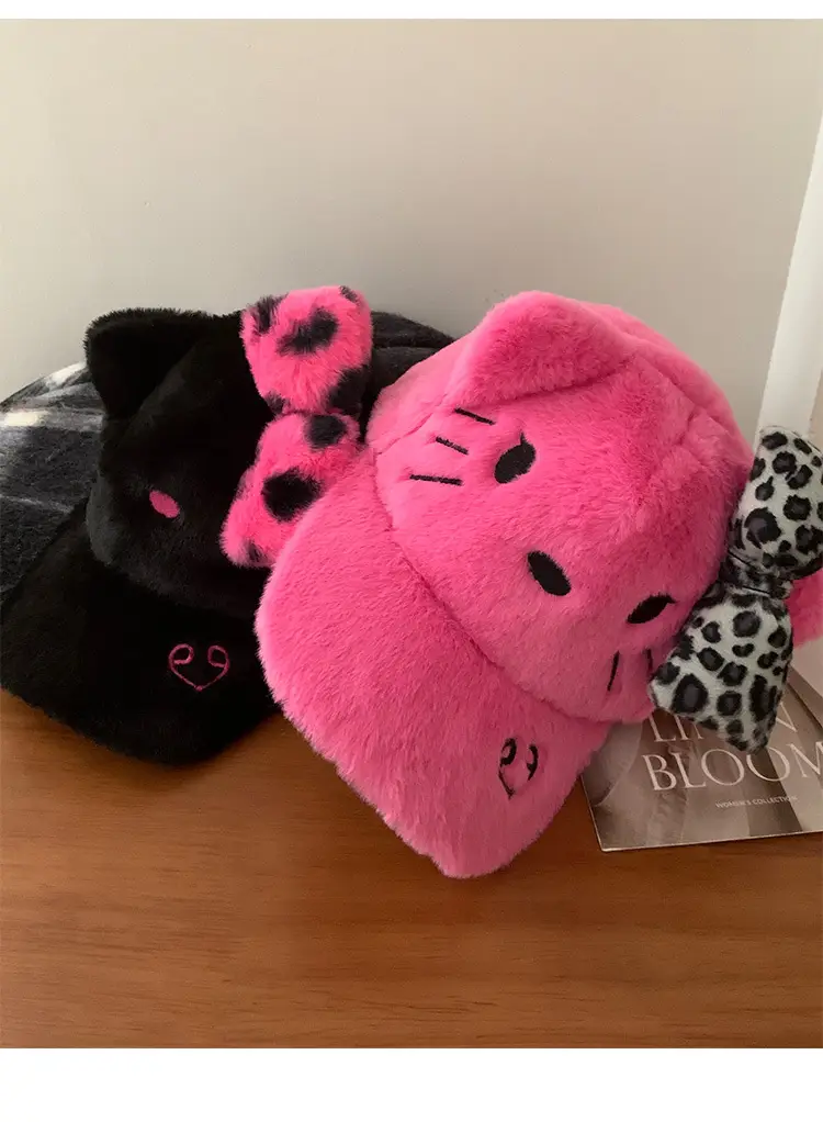 Black Powder Kitty Plush Baseball Cap Women's Autumn Winter Sweet Cool Leopard Bow Cap Face Small Warm Hat — feature 13
