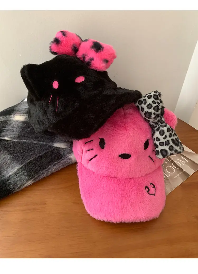 Black Powder Kitty Plush Baseball Cap Women's Autumn Winter Sweet Cool Leopard Bow Cap Face Small Warm Hat — feature 15