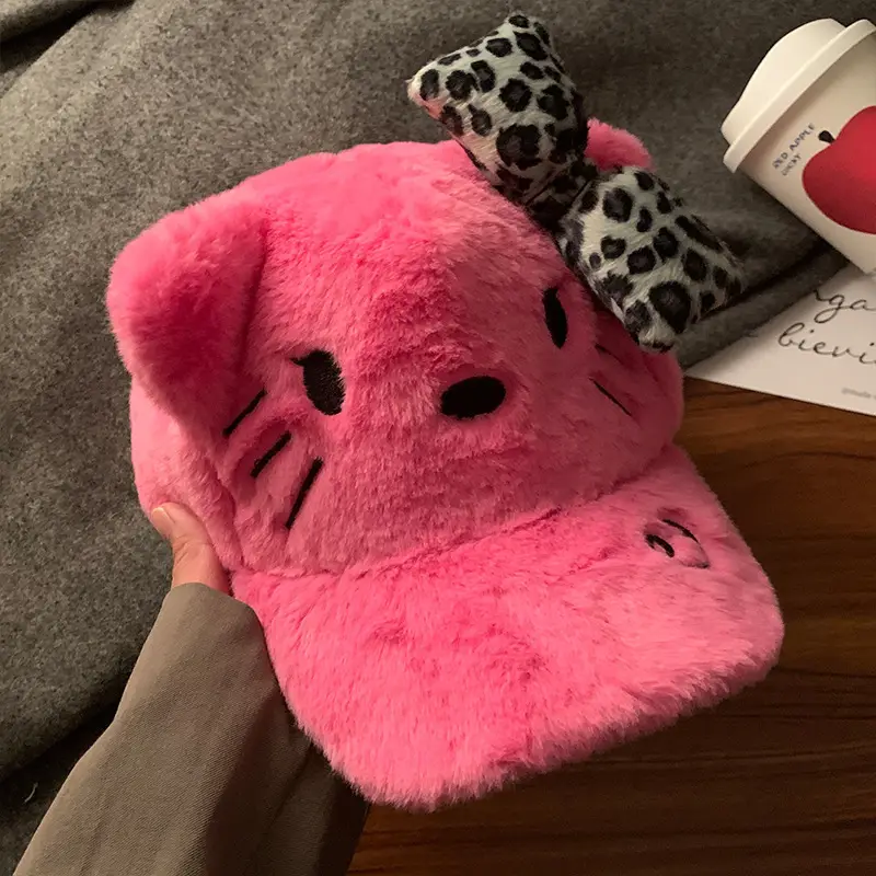 Black Powder Kitty Plush Baseball Cap Women's Autumn Winter Sweet Cool Leopard Bow Cap Face Small Warm Hat - Image 2