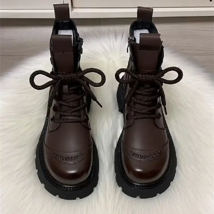 Women's Brown Leather Combat Boots with Thick Rubber Sole