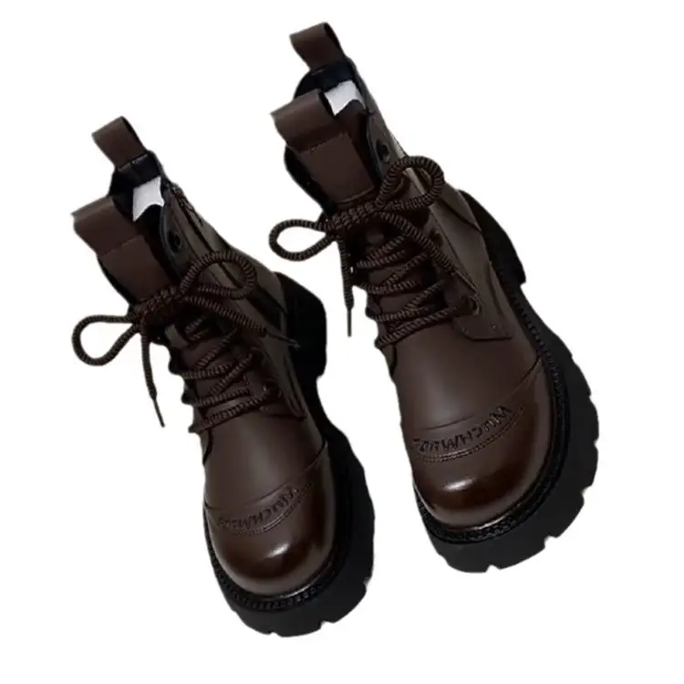 Women's Brown Leather Combat Boots with Thick Rubber Sole
