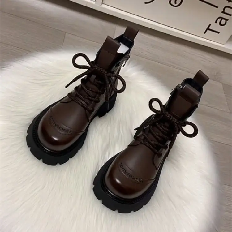 Women's Brown Leather Combat Boots with Thick Rubber Sole — feature 12