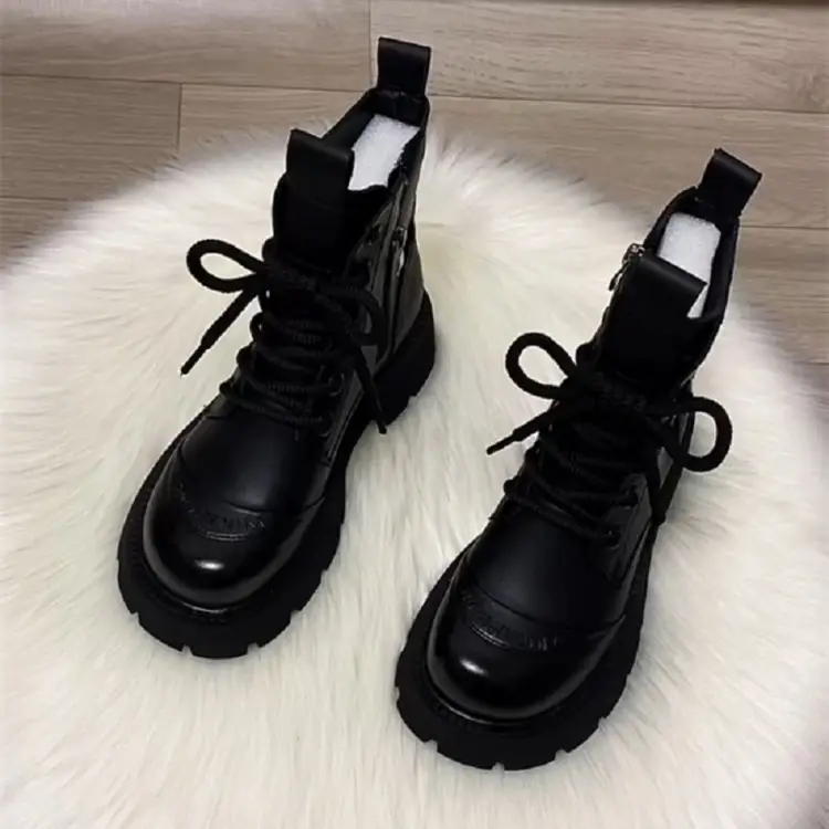 Women's Brown Leather Combat Boots with Thick Rubber Sole — feature 4
