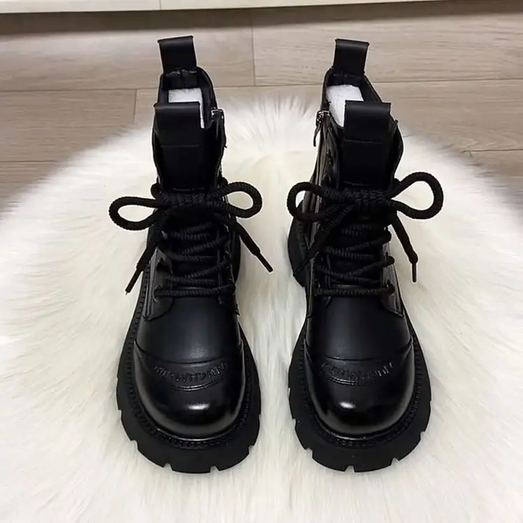 Women's Brown Leather Combat Boots with Thick Rubber Sole