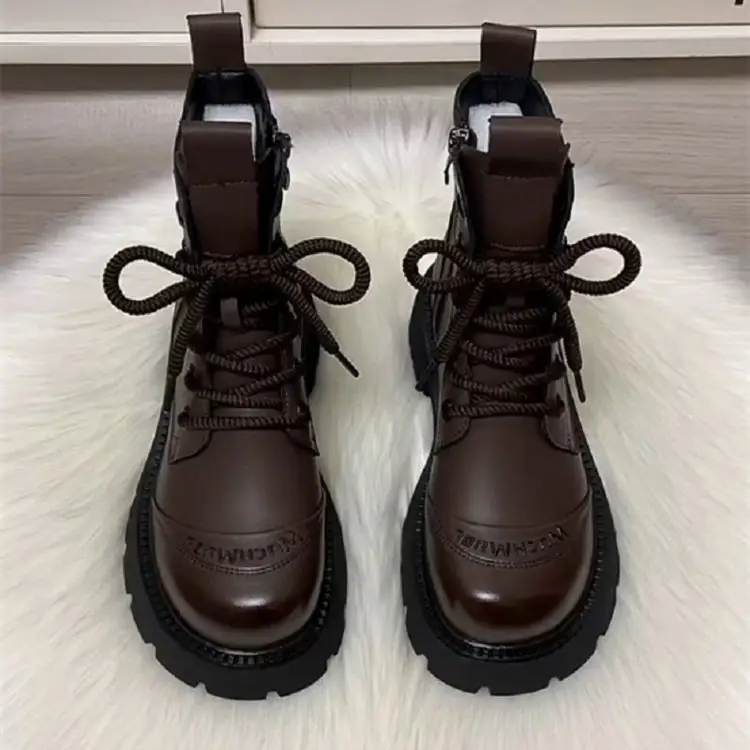 Women's Brown Leather Combat Boots with Thick Rubber Sole