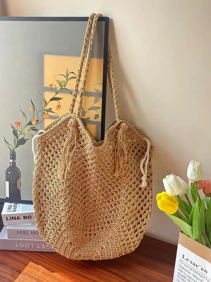 Women's Handmade Woven Straw Tote Bag Beige - Image 6