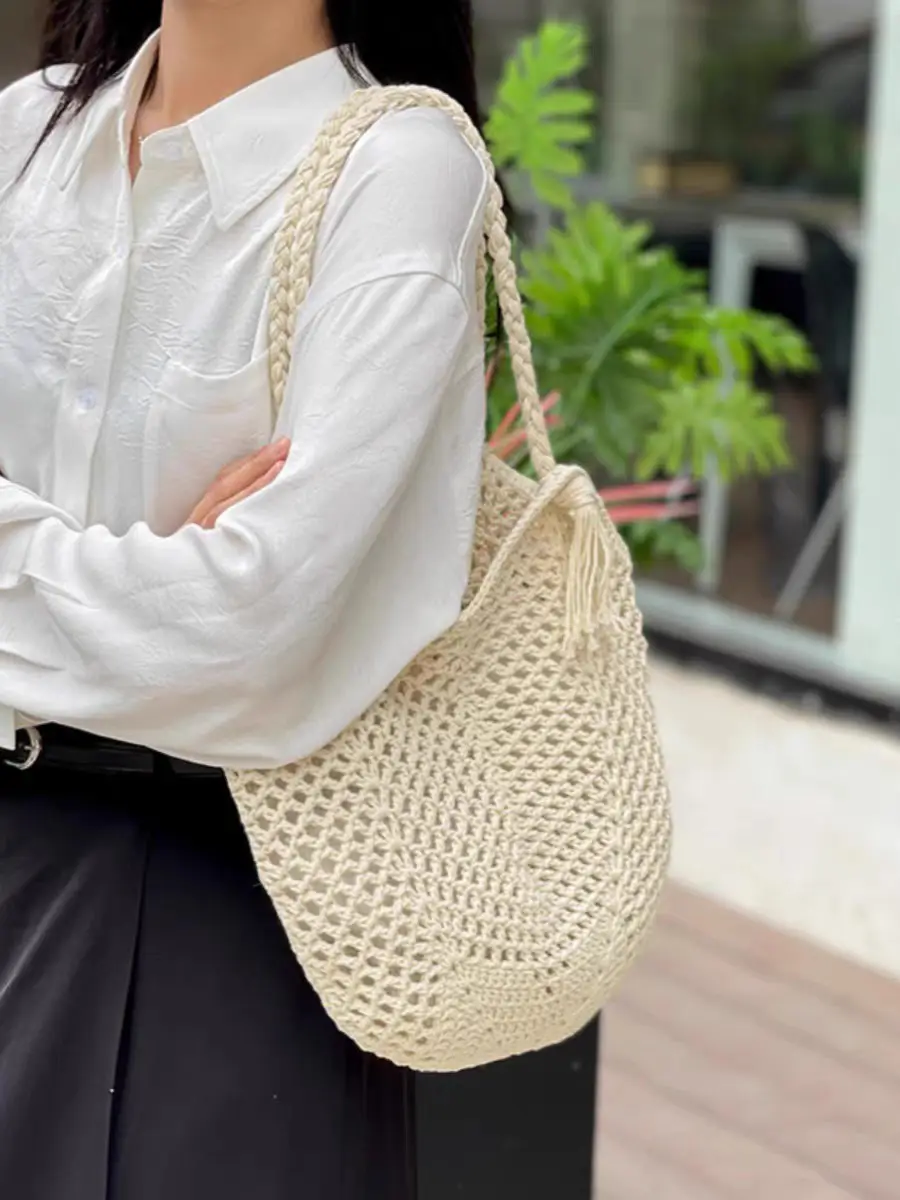Women's Handmade Woven Straw Tote Bag Beige - Image 8