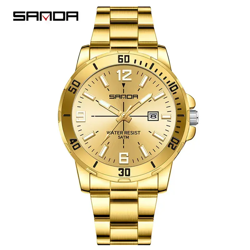 Sanda Gold Plated Men's Quartz Watch Large Dial Waterproof Belt - Image 6