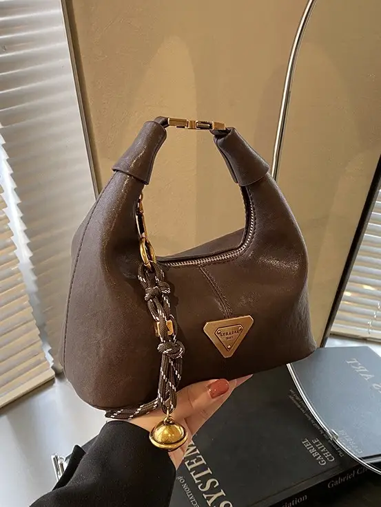 Brown Leather Shoulder Bag with Chain Strap for Women - Image 7