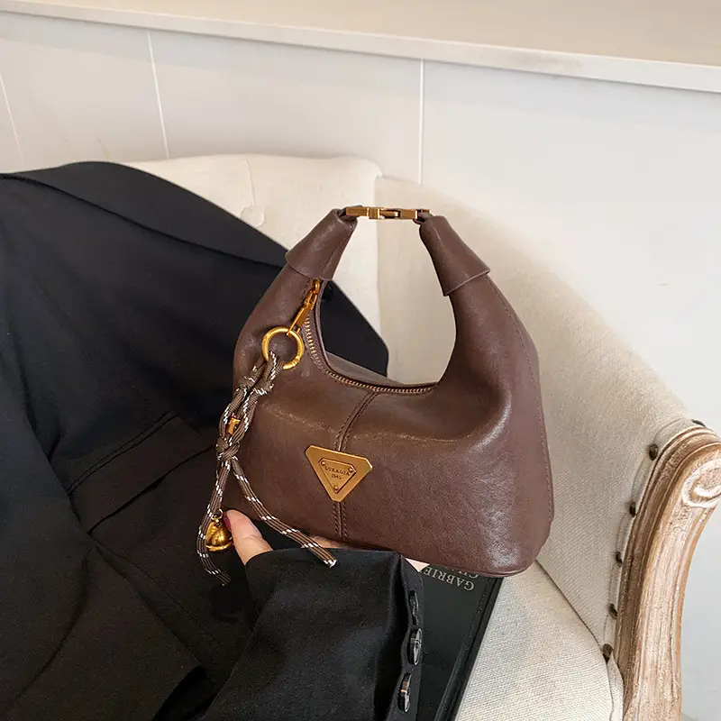 Brown Leather Shoulder Bag with Chain Strap for Women - Image 3