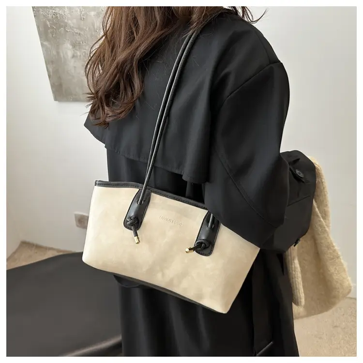 Women's Vintage Textured Shoulder Tote Bag Black — feature 15