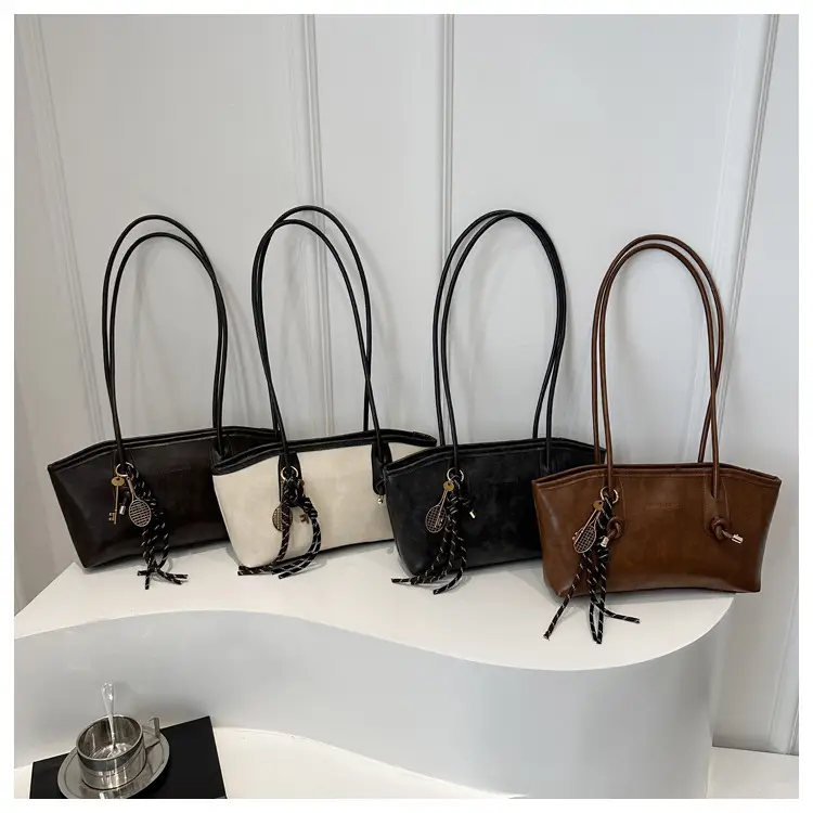 Women's Vintage Textured Shoulder Tote Bag Black — feature 26