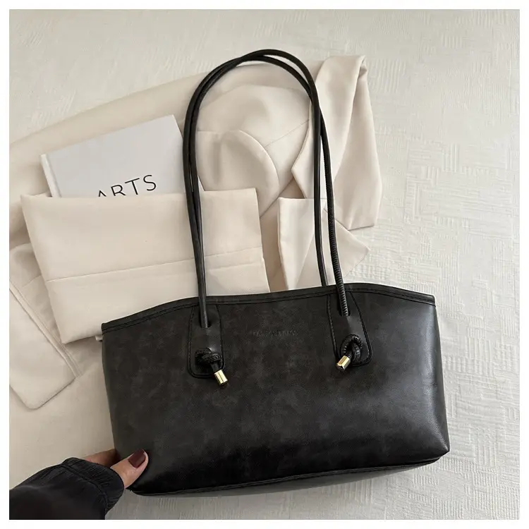 Women's Vintage Textured Shoulder Tote Bag Black - Image 5