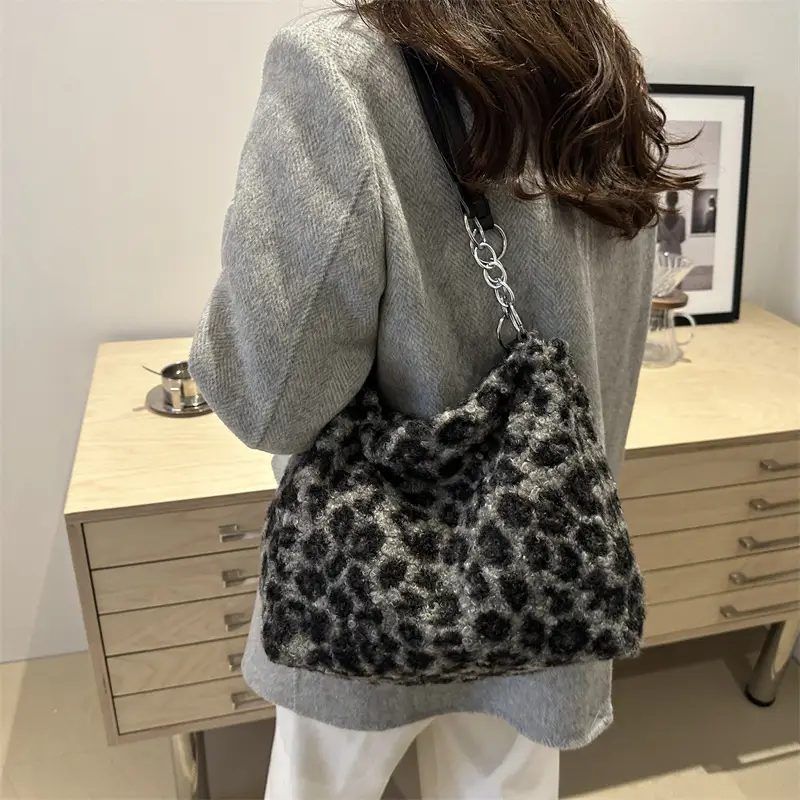 Leopard Print Plush Underarm Bag for Women Large Capacity
