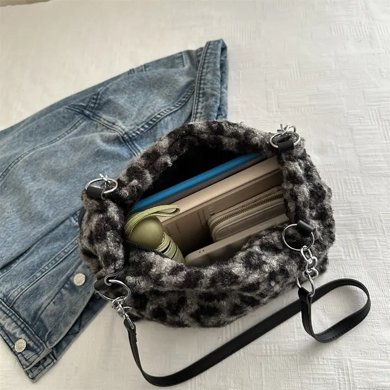 Leopard Print Plush Underarm Bag for Women Large Capacity