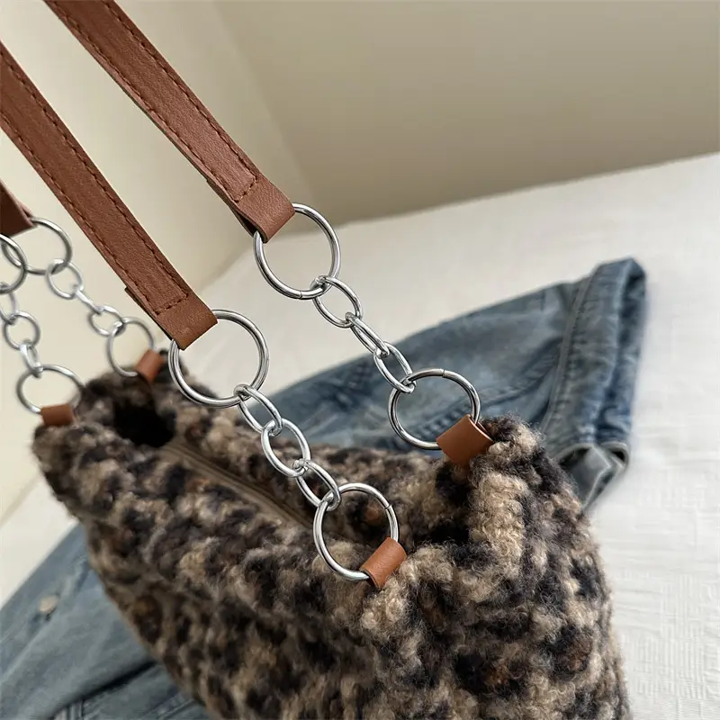 Leopard Print Plush Underarm Bag for Women Large Capacity