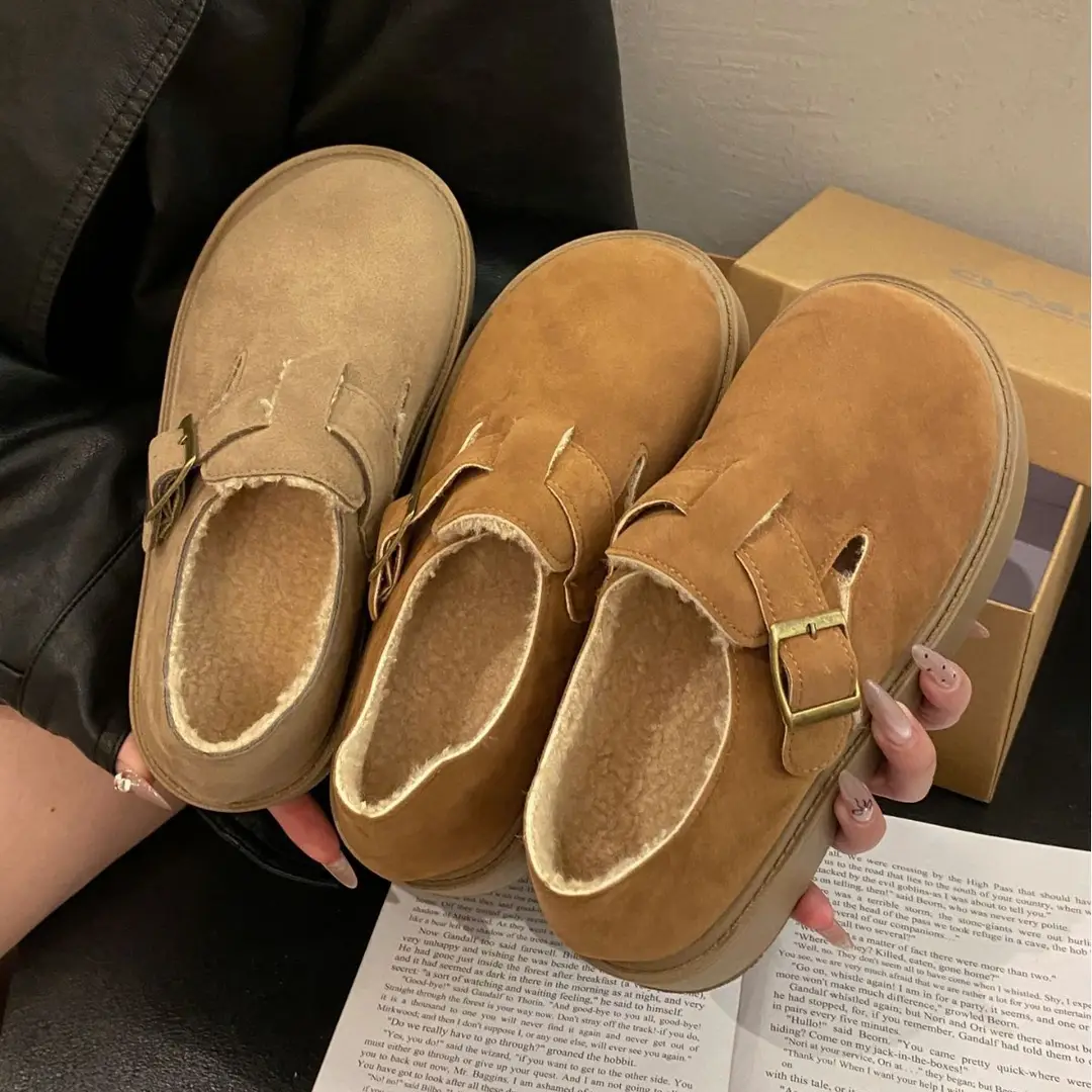 Thick-Soled Full-Wrap Birkenstock-Style Women's 2024 Winter New Retro Plush Warm Fur Cotton Slip-On Loafers - Image 4