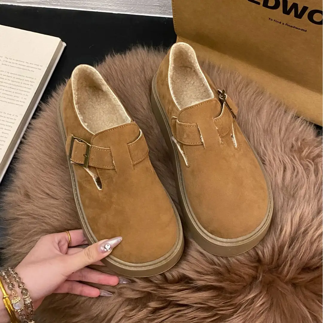 Thick-Soled Full-Wrap Birkenstock-Style Women's 2024 Winter New Retro Plush Warm Fur Cotton Slip-On Loafers - Image 5
