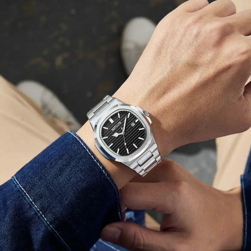 Men's Square Watch with Blue Dial & Mori Steel Band - Image 9