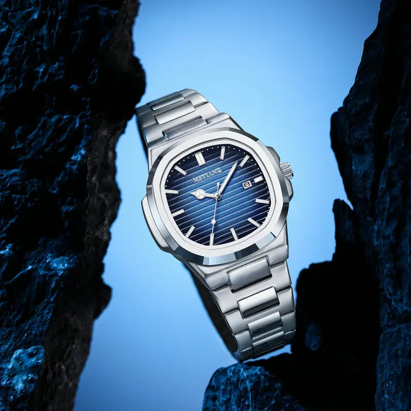 Men's Square Watch with Blue Dial & Mori Steel Band - Image 2