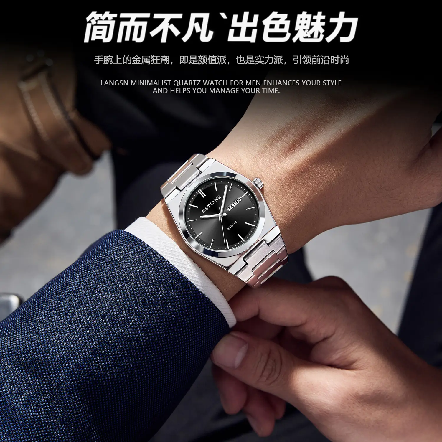 Men's Blue Dial Quartz Watch with Stainless Steel Band — feature 13