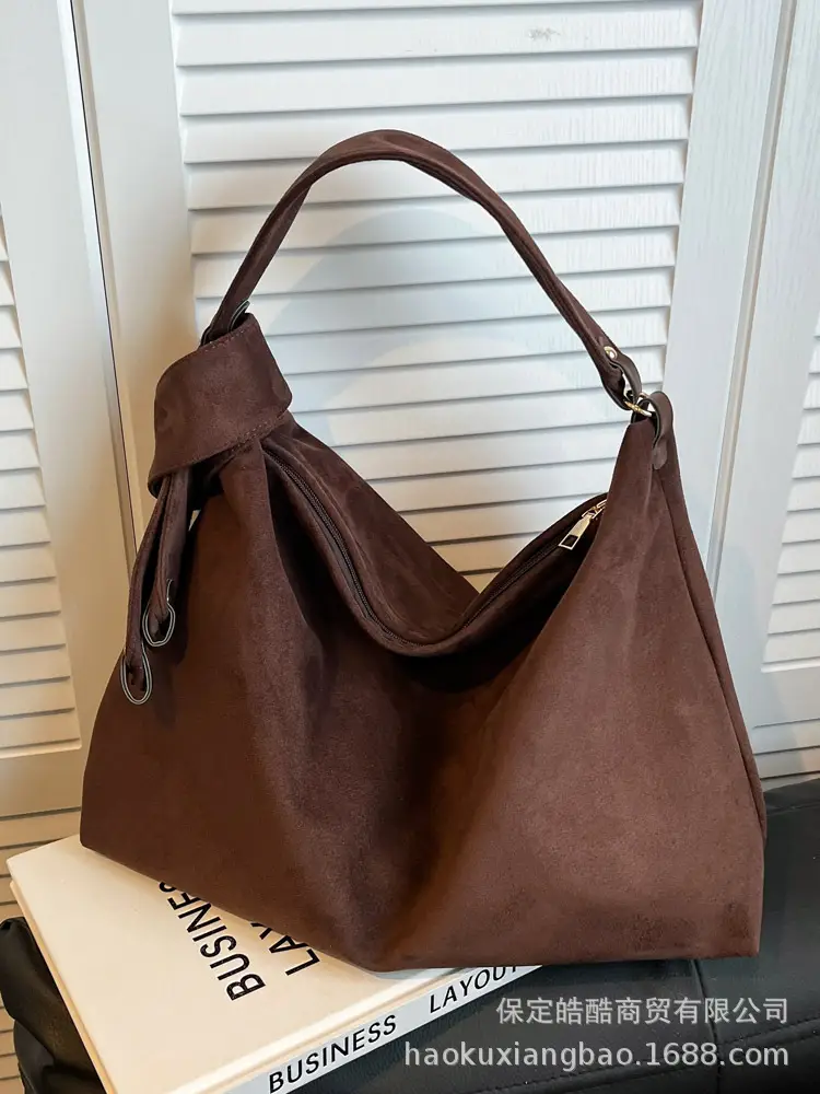 Women Retro Niche Armpit Bag Brown Suede Large Capacity Shoulder Bag - Image 5