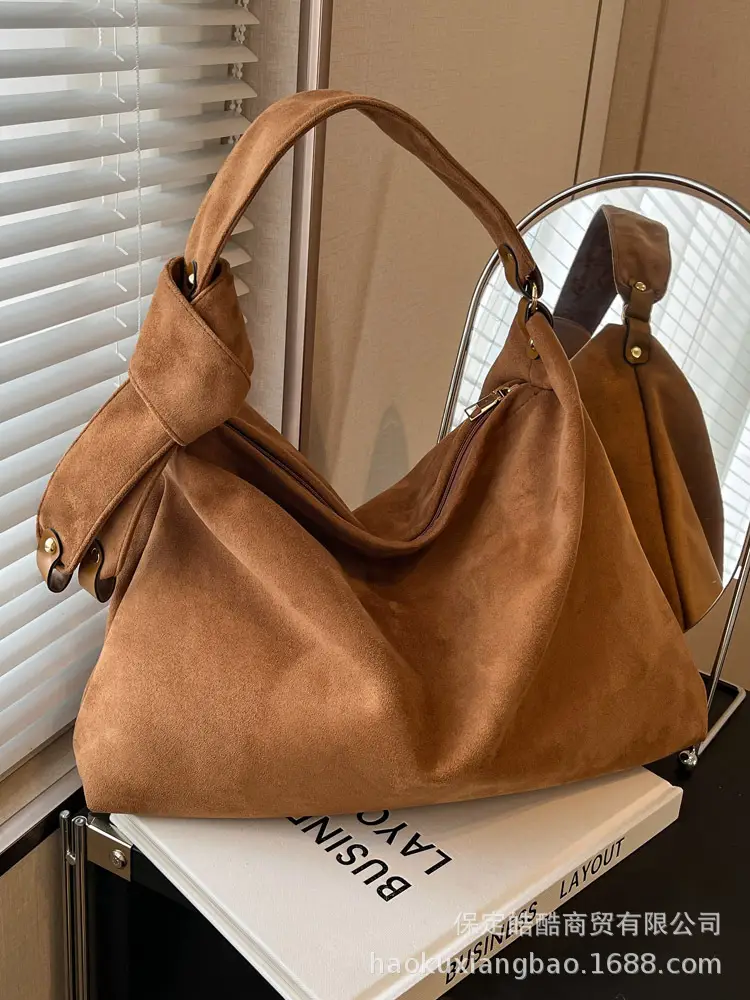 Women Retro Niche Armpit Bag Brown Suede Large Capacity Shoulder Bag - Image 8
