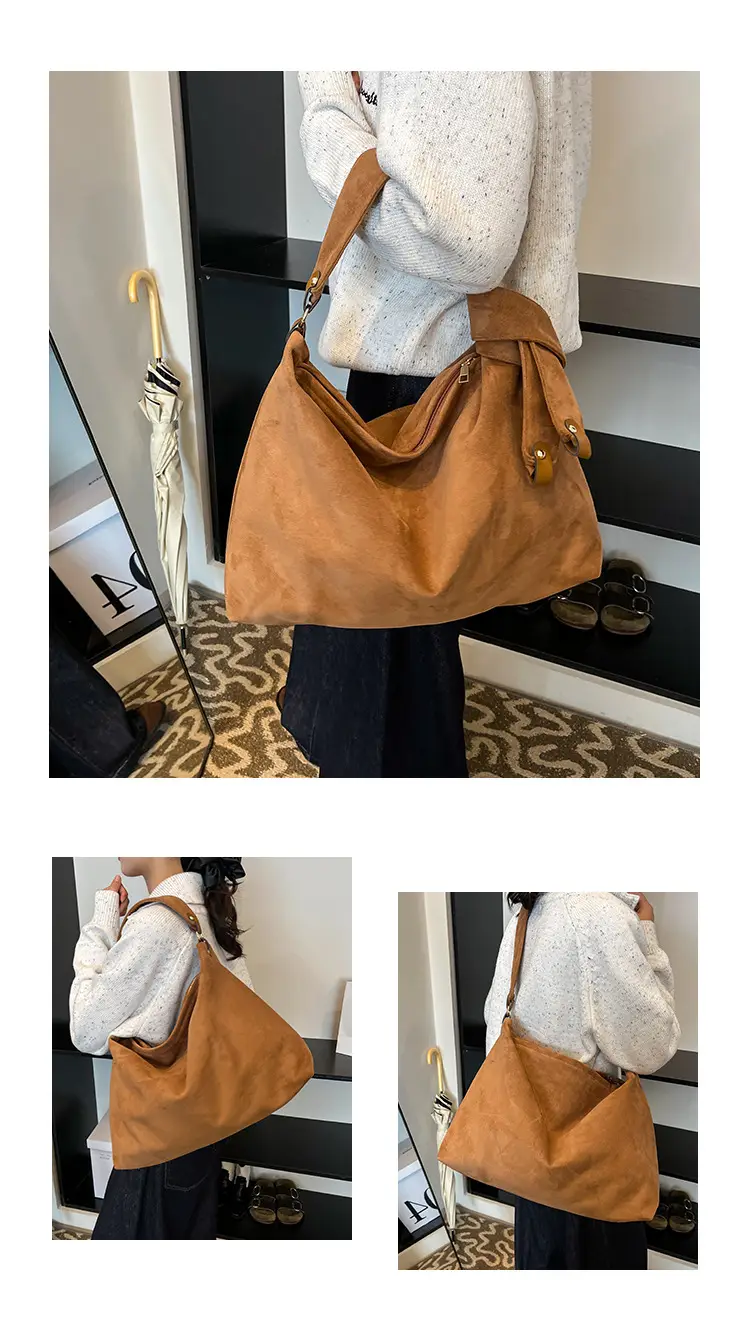 Women Retro Niche Armpit Bag Brown Suede Large Capacity Shoulder Bag — feature 10