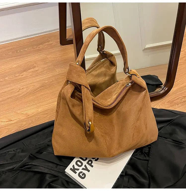 Women Retro Niche Armpit Bag Brown Suede Large Capacity Shoulder Bag — feature 16