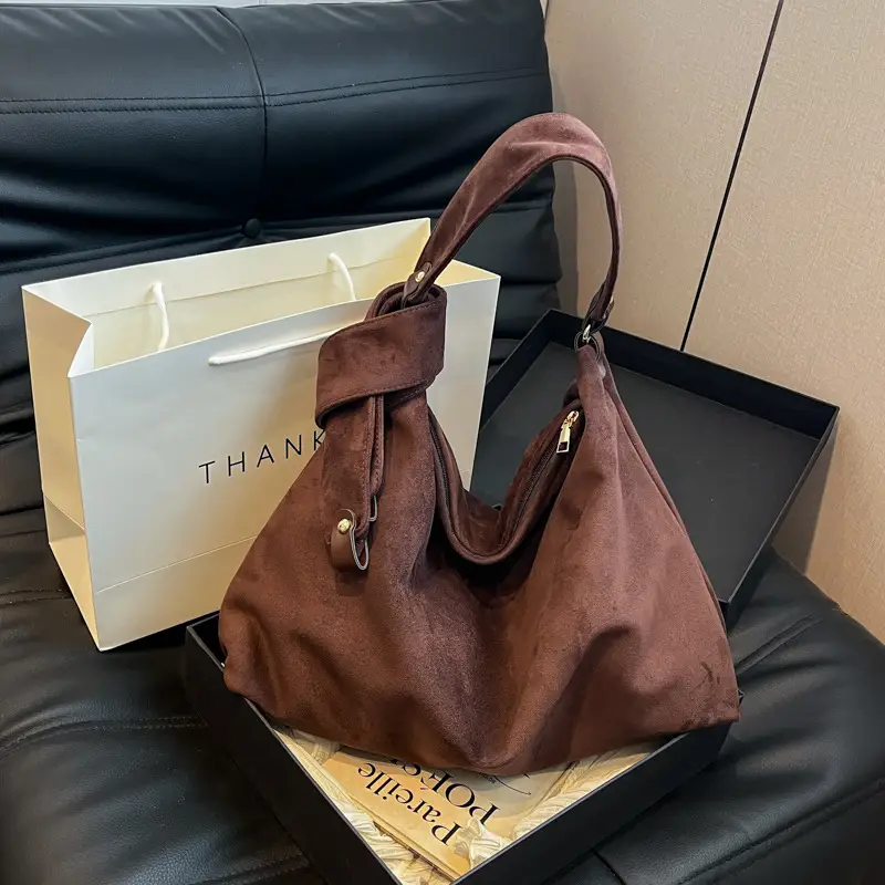 Women Retro Niche Armpit Bag Brown Suede Large Capacity Shoulder Bag - Image 2