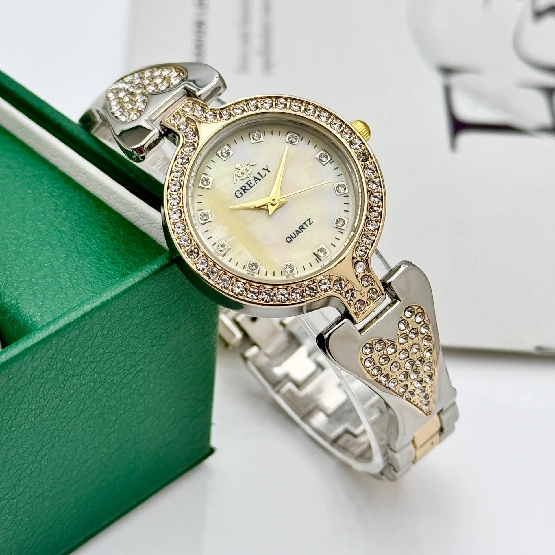 Women's Heart-Shaped Diamond Watch with Pearl Dial — feature 12