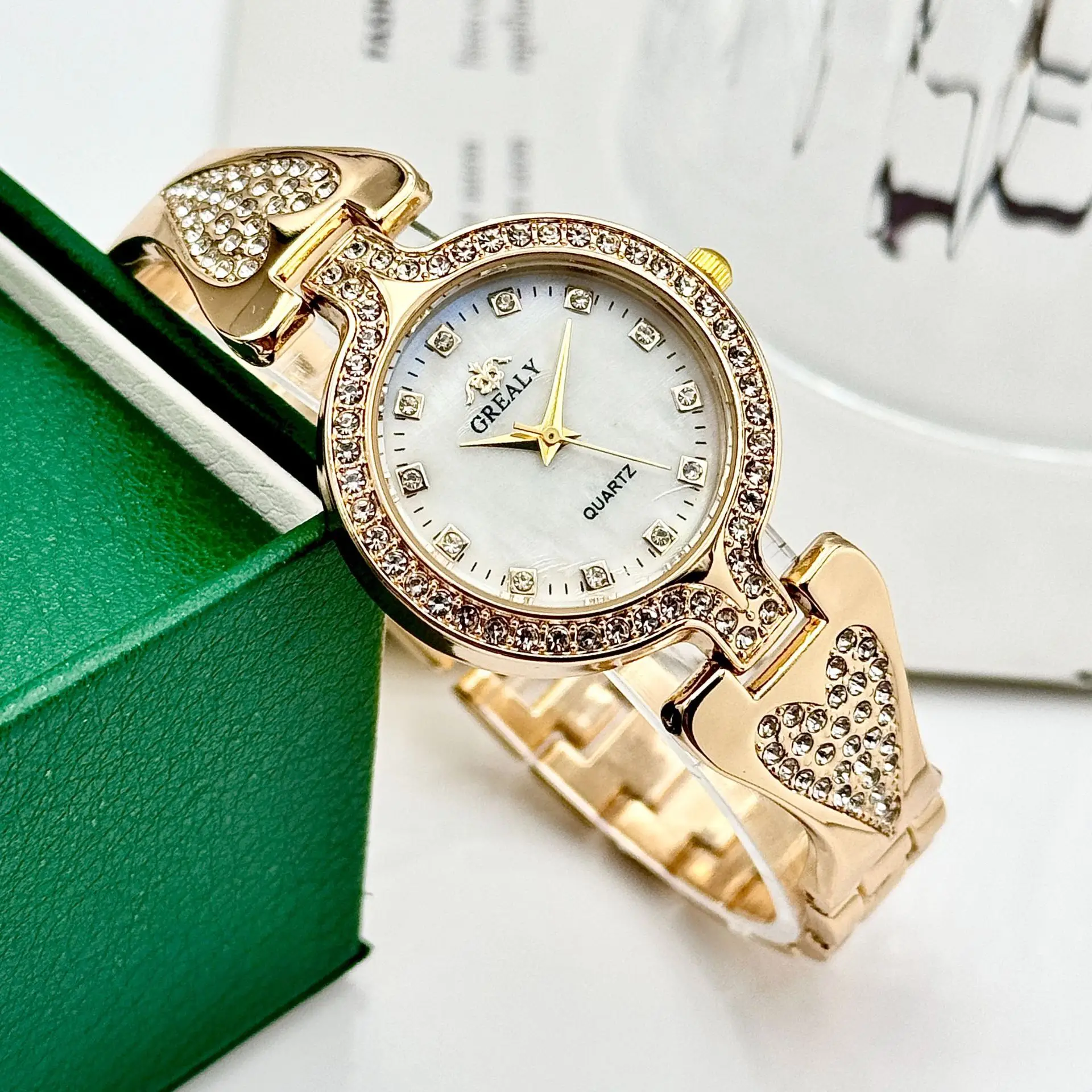 Women's Heart-Shaped Diamond Watch with Pearl Dial — feature 7
