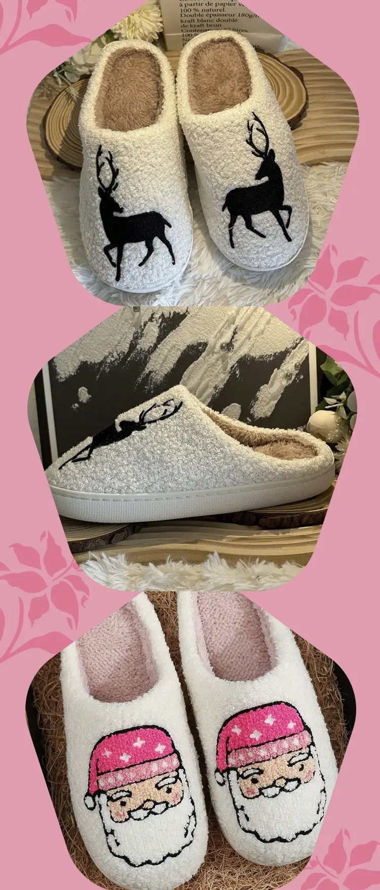 New Thickened Christmas Cotton Slippers Series Black White Reindeer Fur Warm Home — feature 2