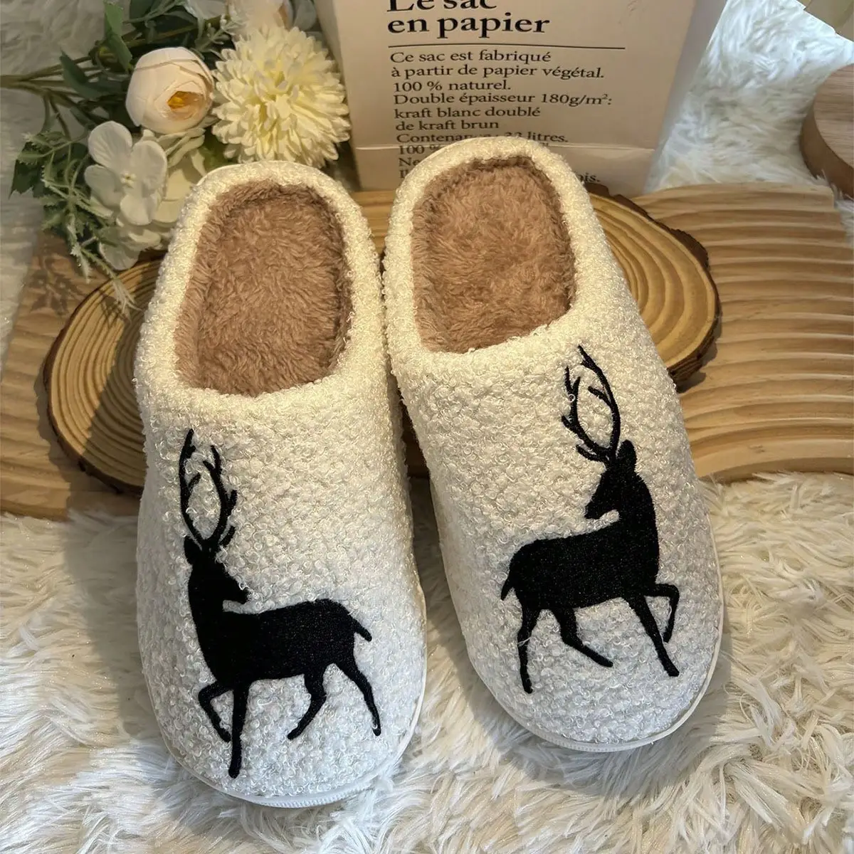 New Thickened Christmas Cotton Slippers Series Black White Reindeer Fur Warm Home - Image 7