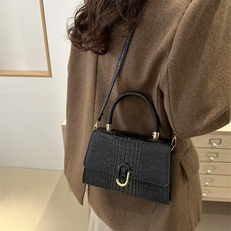 Black Croc Texture Crossbody Bag for Women