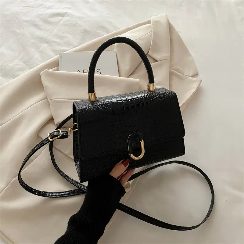 Black Croc Texture Crossbody Bag for Women