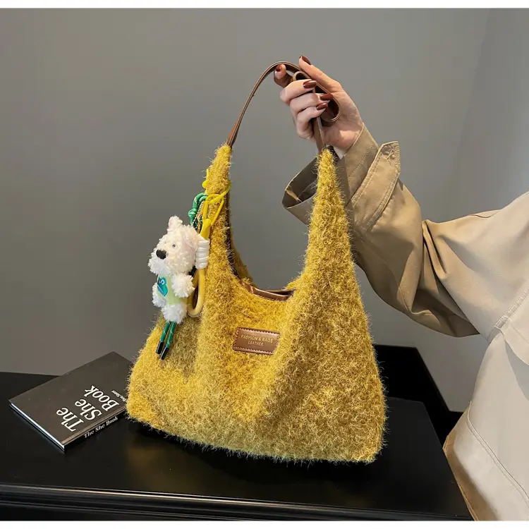 Women Woolen Shoulder Bag Yellow Large Capacity 2024 - Image 3