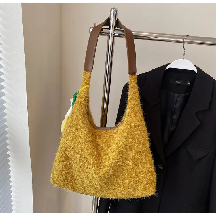 Women Woolen Shoulder Bag Yellow Large Capacity 2024 - Image 2