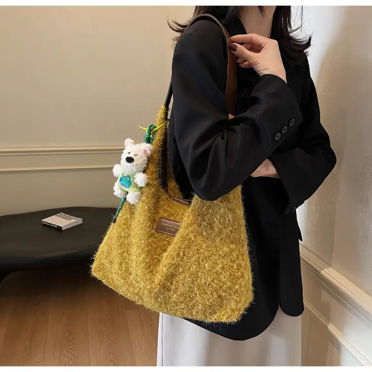 Women Woolen Shoulder Bag Yellow Large Capacity 2024 - Image 4