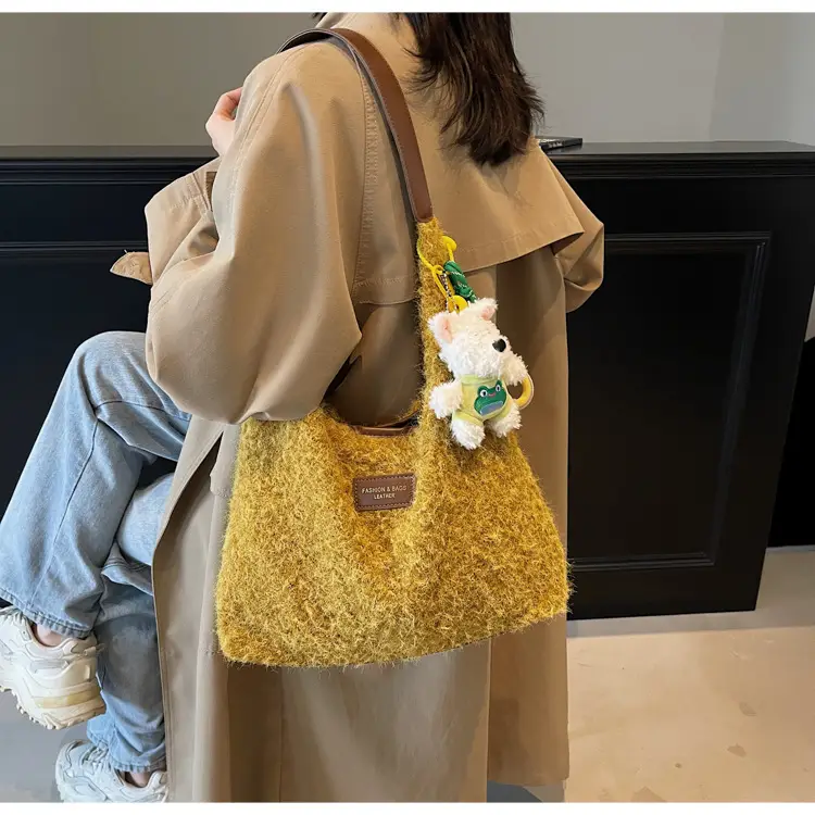 Women Woolen Shoulder Bag Yellow Large Capacity 2024 - Image 5