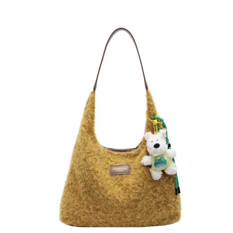 Women Woolen Shoulder Bag Yellow Large Capacity 2024 - Image 6