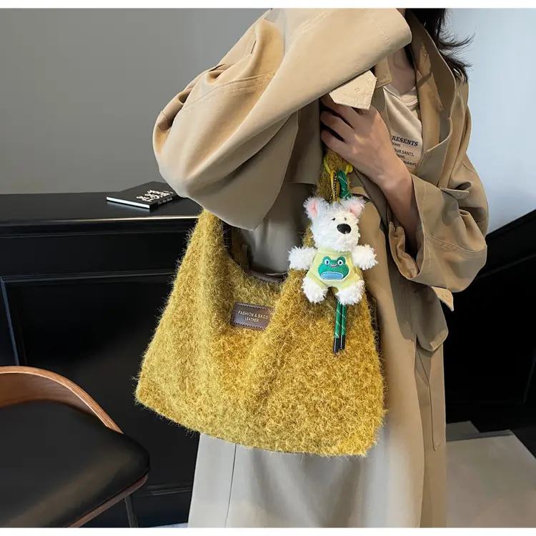 Women Woolen Shoulder Bag Yellow Large Capacity 2024 — feature 10