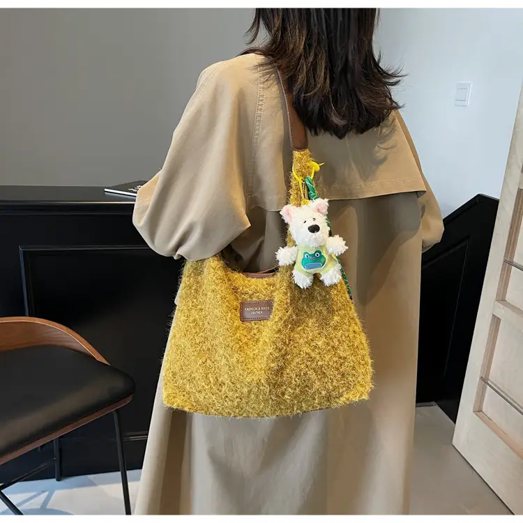 Women Woolen Shoulder Bag Yellow Large Capacity 2024 — feature 12