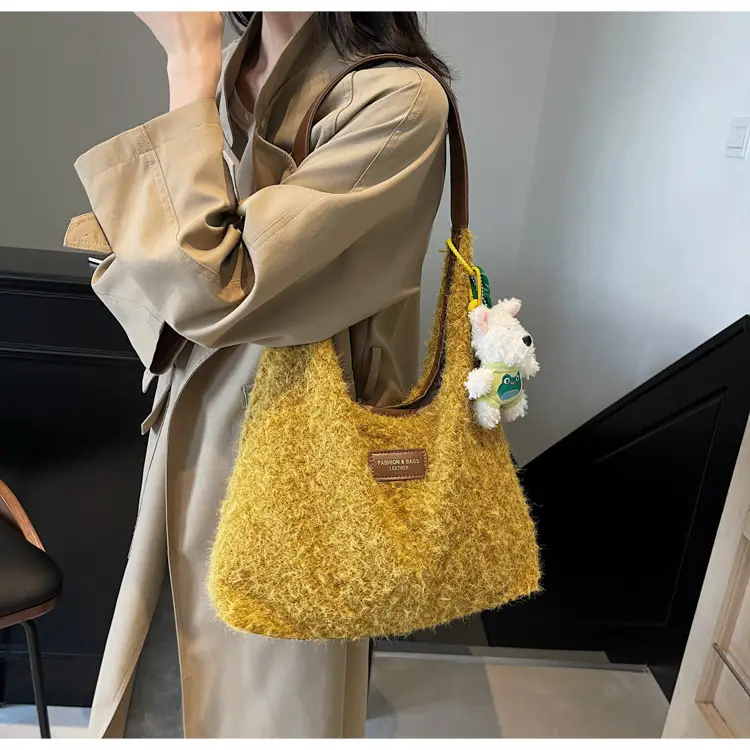 Women Woolen Shoulder Bag Yellow Large Capacity 2024 — feature 13
