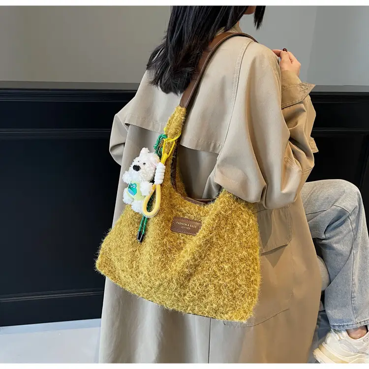 Women Woolen Shoulder Bag Yellow Large Capacity 2024 — feature 14