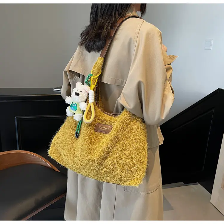 Women Woolen Shoulder Bag Yellow Large Capacity 2024 — feature 15