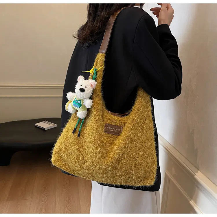 Women Woolen Shoulder Bag Yellow Large Capacity 2024 — feature 16
