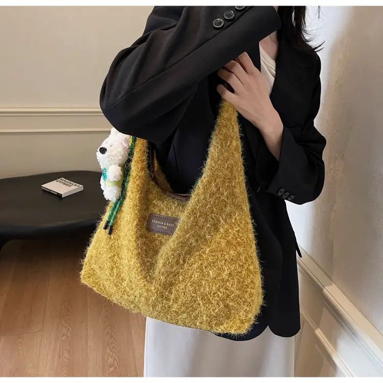 Women Woolen Shoulder Bag Yellow Large Capacity 2024 — feature 17