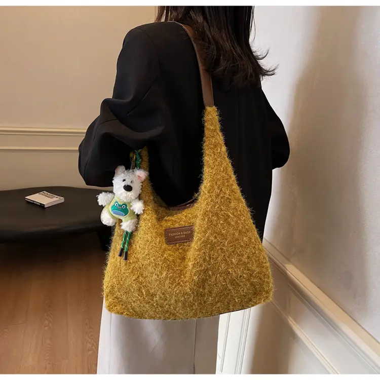 Women Woolen Shoulder Bag Yellow Large Capacity 2024 — feature 18