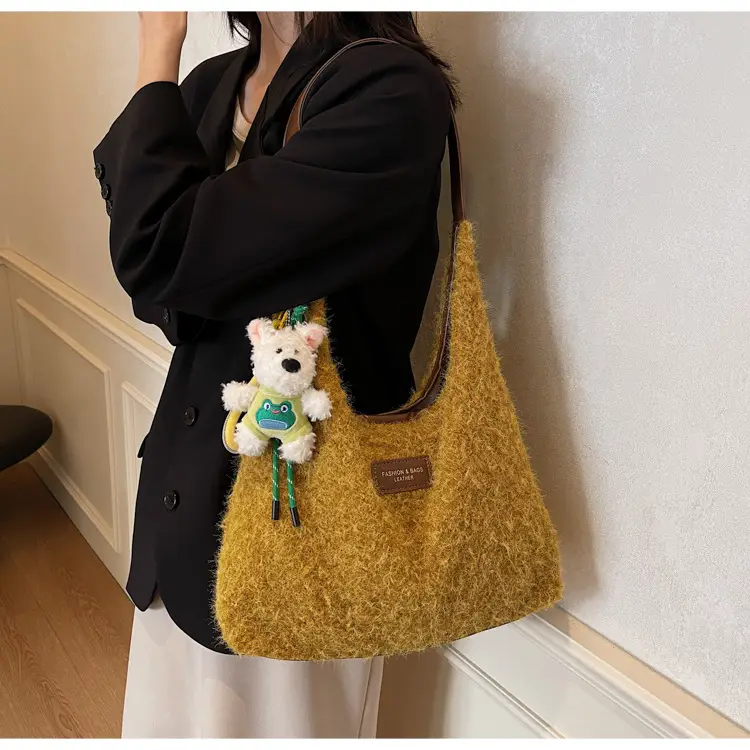 Women Woolen Shoulder Bag Yellow Large Capacity 2024 — feature 19